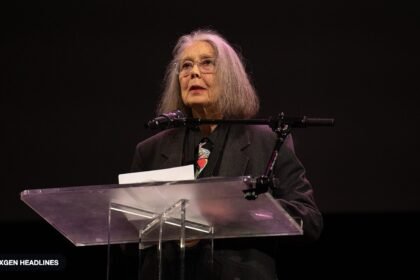 Poet Anne Carson reading at the 2024 National Book Awards finalist event