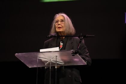 Poet Anne Carson reading at the 2024 National Book Awards finalist event