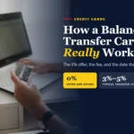 Person holding a credit card at a laptop, with text: How a balance transfer card really works
