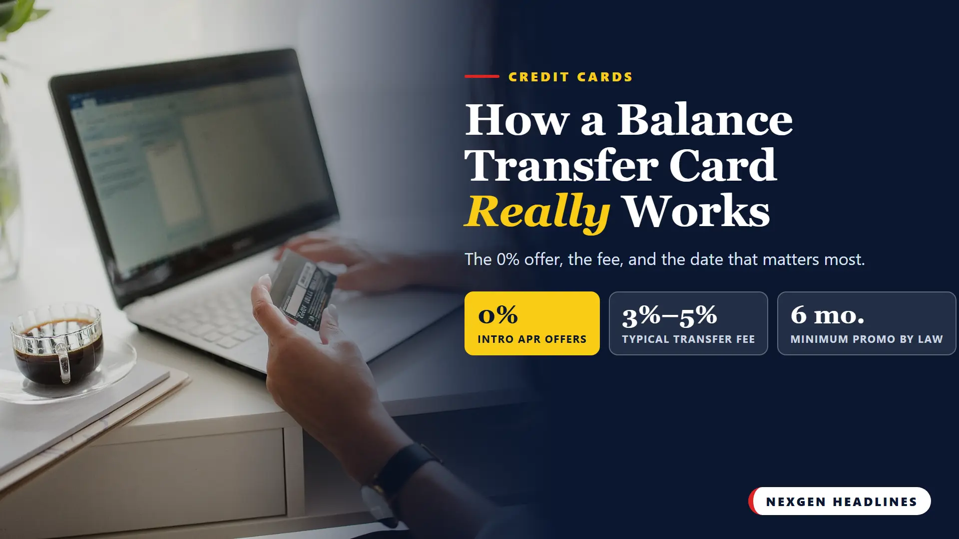 Person holding a credit card at a laptop, with text: How a balance transfer card really works