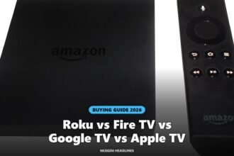 An Amazon Fire TV streaming device with its remote