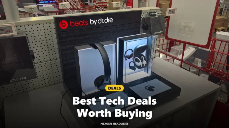 Headphones on display in an electronics store