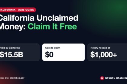 California unclaimed money 2026 guide card: $15.5 billion held, $0 to claim, notary at $1,000+