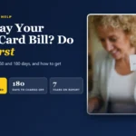 Woman holding a credit card, with text: Can't pay your credit card bill? Do this first