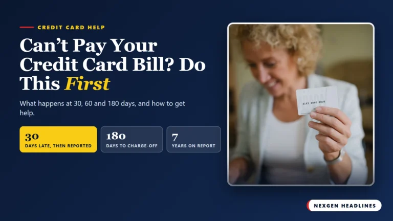 Woman holding a credit card, with text: Can't pay your credit card bill? Do this first