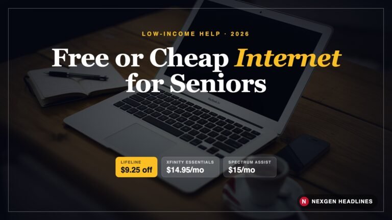 Laptop, phone and coffee on a wooden table with text: Free or Cheap Internet for Seniors, Lifeline $9.25 off, Xfinity Essentials $14.95 a month, Spectrum Assist $15 a month