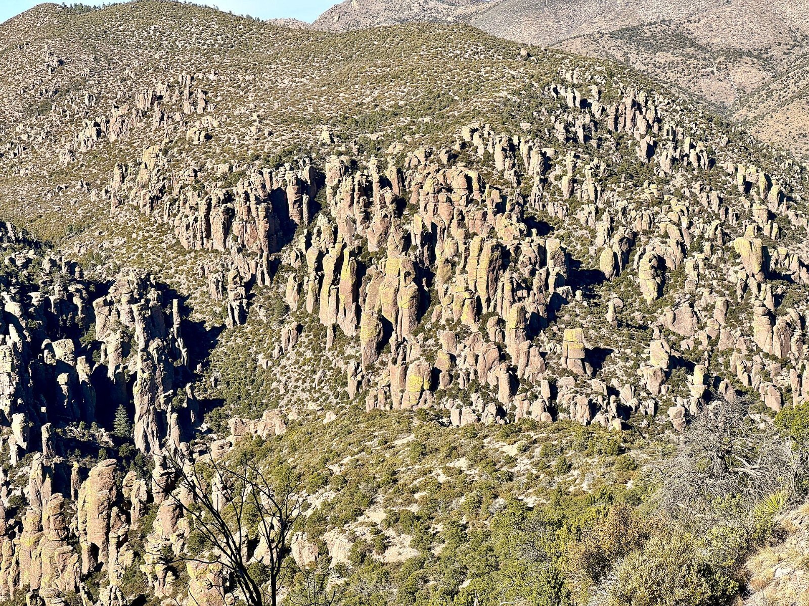 Hillsides covered in rhyolite rock columns seen from Sugarloaf Mountain Trail