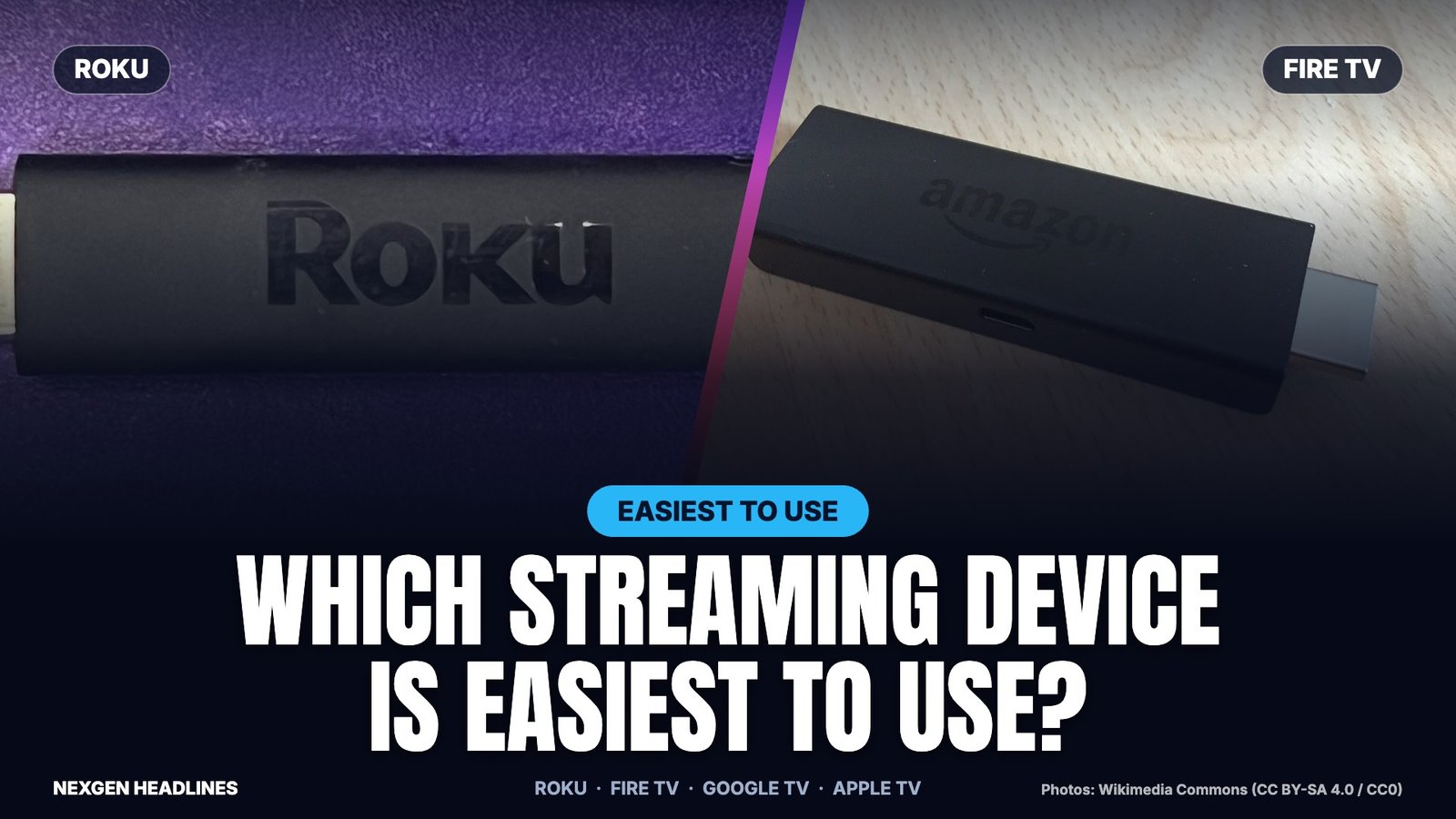 Roku and Amazon Fire TV streaming sticks side by side for an ease-of-use comparison