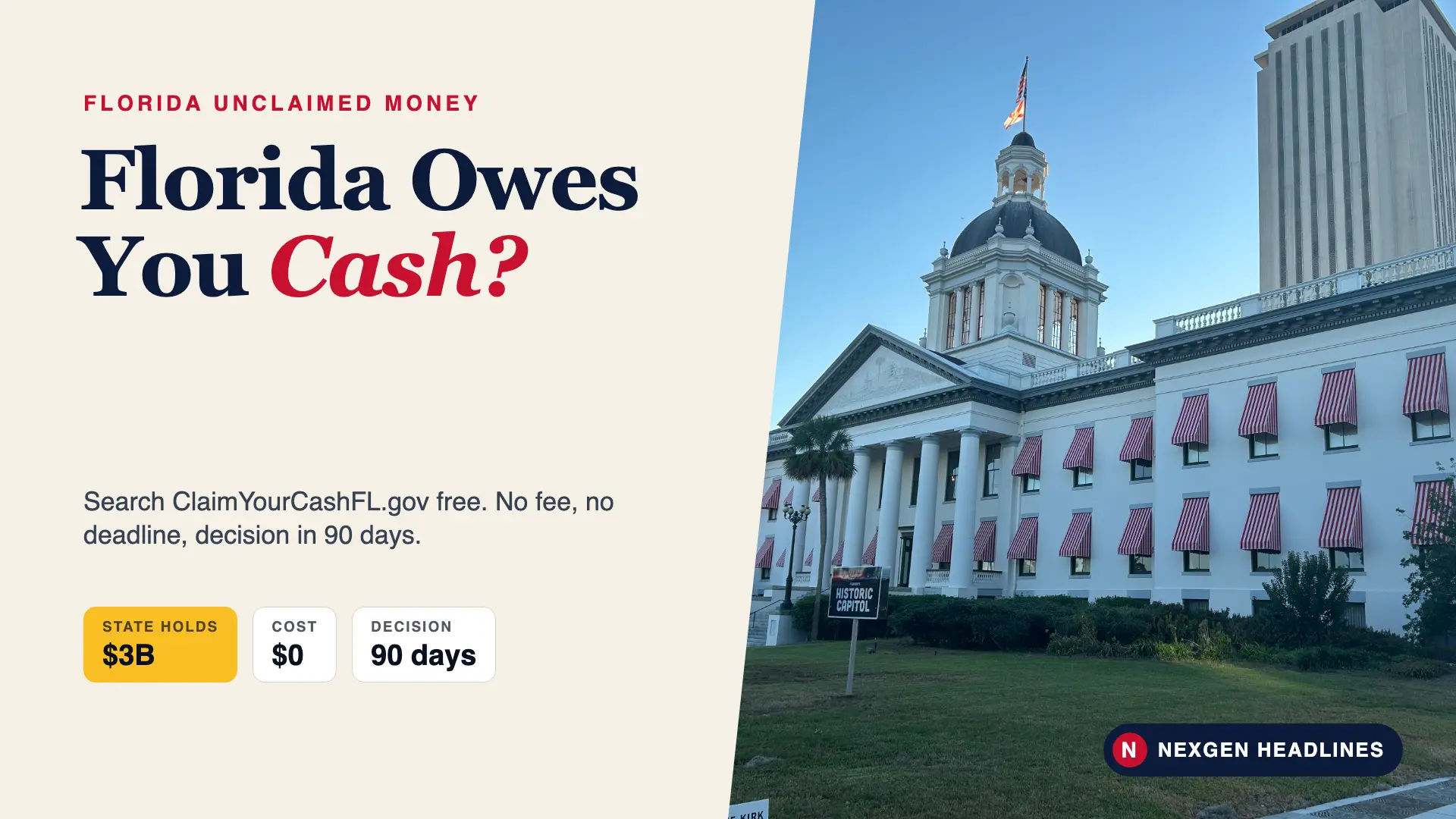 Old Florida Capitol in Tallahassee with a Florida unclaimed money headline