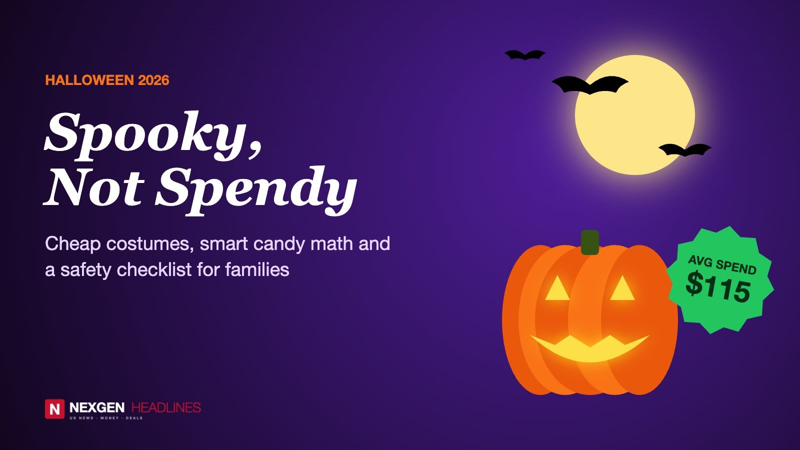 Jack-o-lantern under a full moon with average Halloween spend of $115
