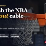 Basketball hoop and net in an arena with text: Watch the NBA without cable, 2026-27 season