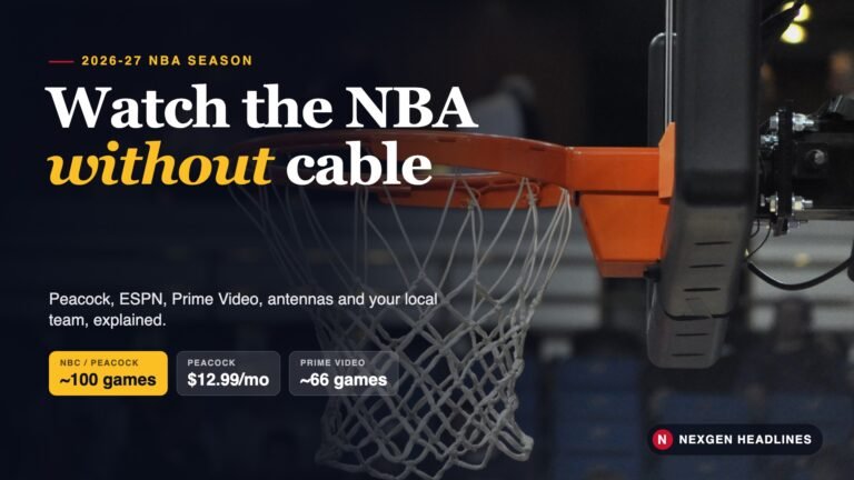 Basketball hoop and net in an arena with text: Watch the NBA without cable, 2026-27 season