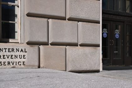 The entrance to the Internal Revenue Service building in Washington DC