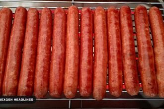 Hot dogs lined up on a grill rack