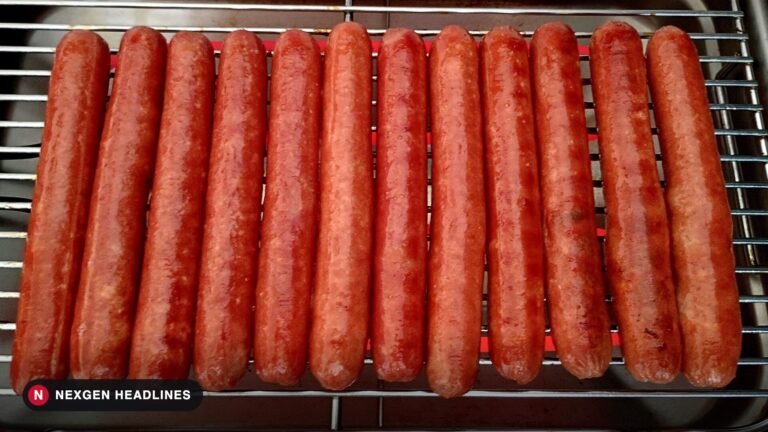 Hot dogs lined up on a grill rack