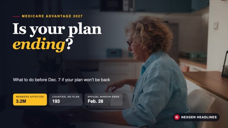 Older woman comparing Medicare Advantage plans on a laptop at her kitchen table, with text: Is your plan ending?