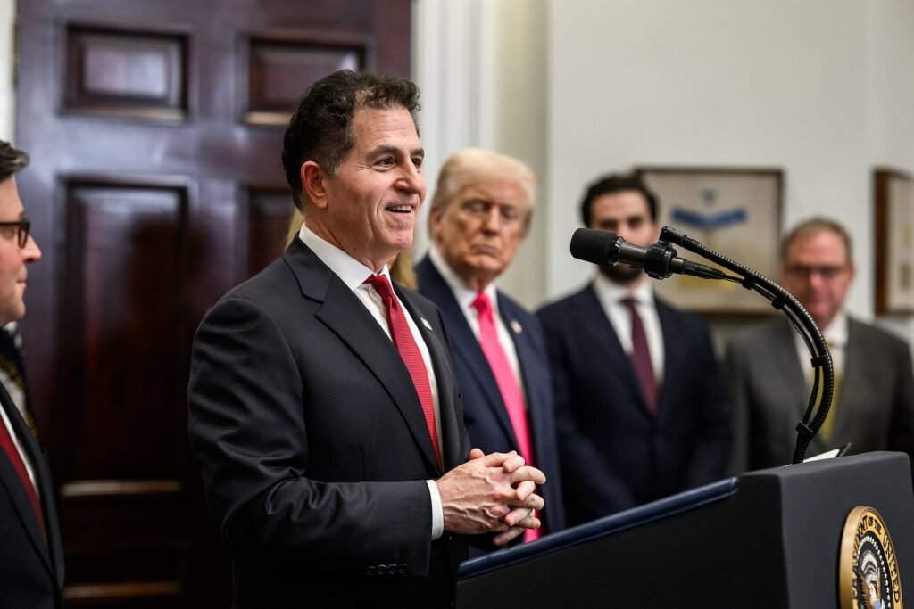 Dell Technologies CEO Michael Dell speaks at a White House podium about Trump Accounts as President Trump stands behind him