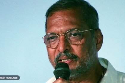 Nana Patekar speaking into a microphone at IFFI Goa in 2017