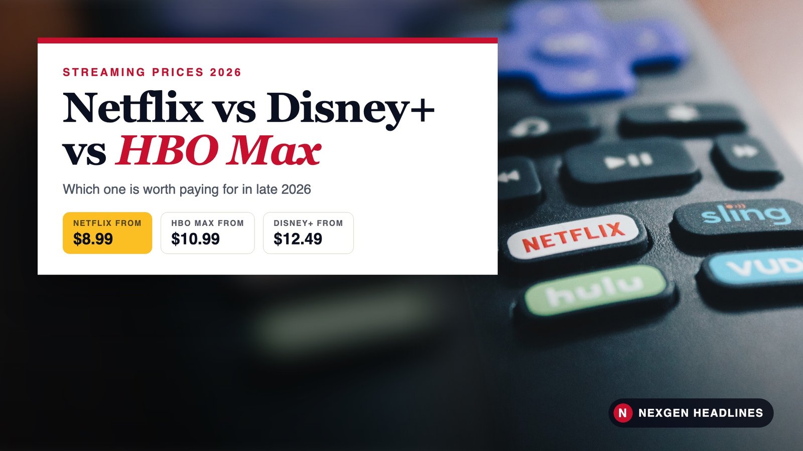 Netflix vs Disney+ vs HBO Max price comparison graphic over a photo of a TV remote with a Netflix button