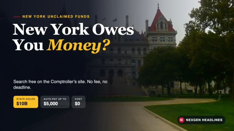 New York State Capitol in Albany with a New York unclaimed funds headline