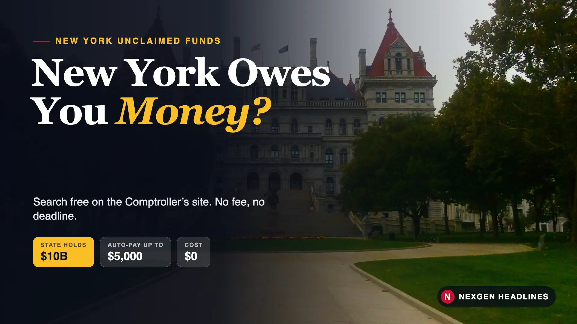 New York State Capitol in Albany with a New York unclaimed funds headline