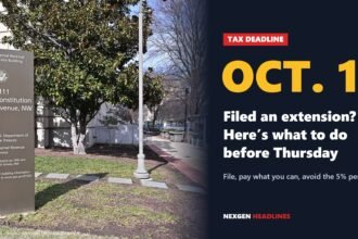 Sign at the IRS building in Washington with text: Oct. 15 tax extension deadline, what to do before Thursday
