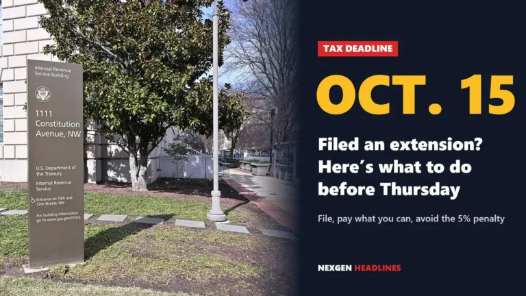 Sign at the IRS building in Washington with text: Oct. 15 tax extension deadline, what to do before Thursday