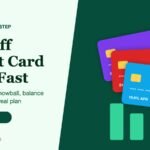 Stack of credit cards with falling debt bars
