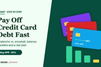 Stack of credit cards with falling debt bars