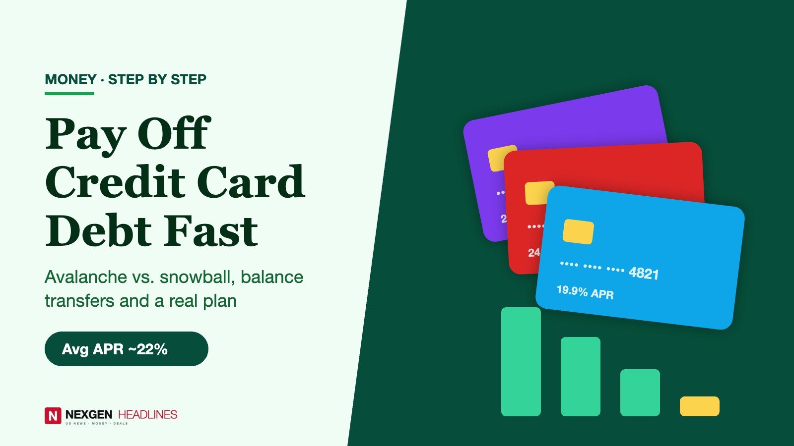 Stack of credit cards with falling debt bars