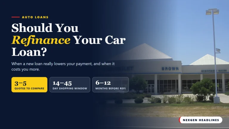 Chevrolet car dealership in Devine, Texas, with text: Should you refinance your car loan?
