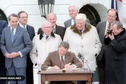 President Ronald Reagan signs the Social Security Amendments of 1983 on the White House South Lawn