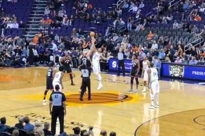 An NBA basketball game in an arena