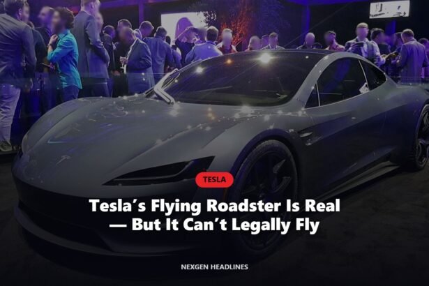 Tesla Roadster with the headline: Tesla’s flying Roadster is real but it can’t legally fly