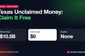 Texas unclaimed money 2026 guide card: $10.5 billion held, $0 to claim, no deadline