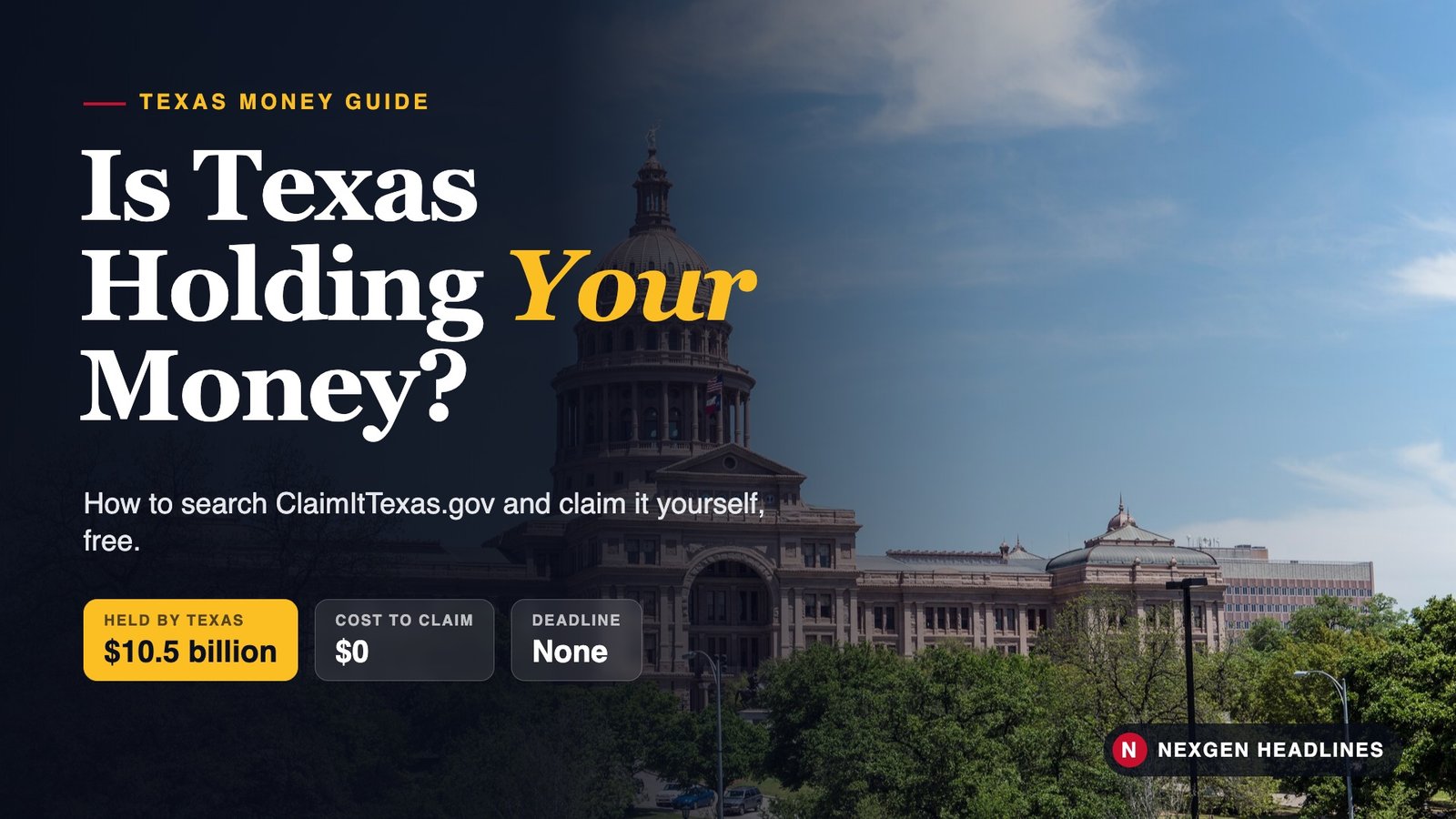 Texas State Capitol in Austin with text: Is Texas holding your money?