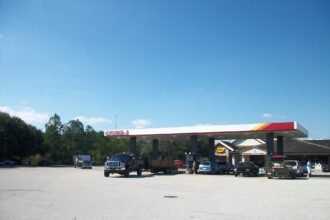 Fuel pumps under a truck stop canopy