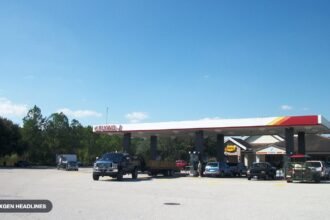 Fuel pumps under a truck stop canopy