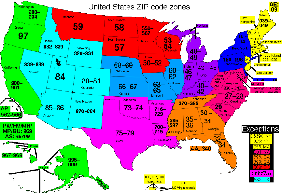 Color-coded map of the United States showing ZIP code zones by first digits