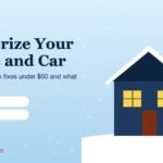Snowy house and car winterizing checklist illustration