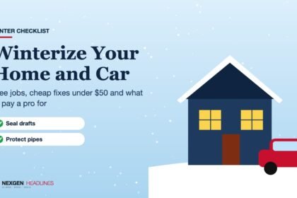 Snowy house and car winterizing checklist illustration