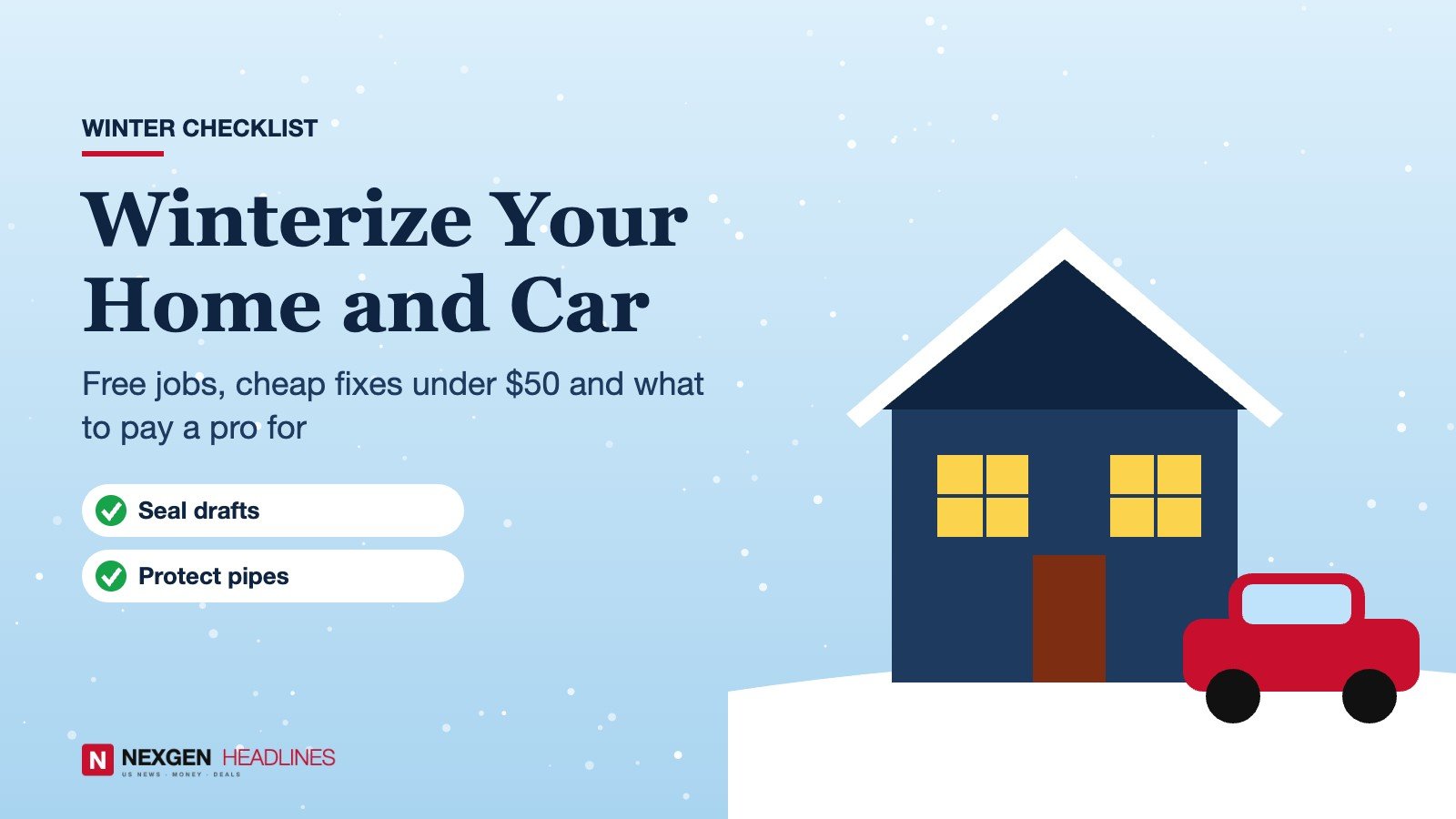 Snowy house and car winterizing checklist illustration
